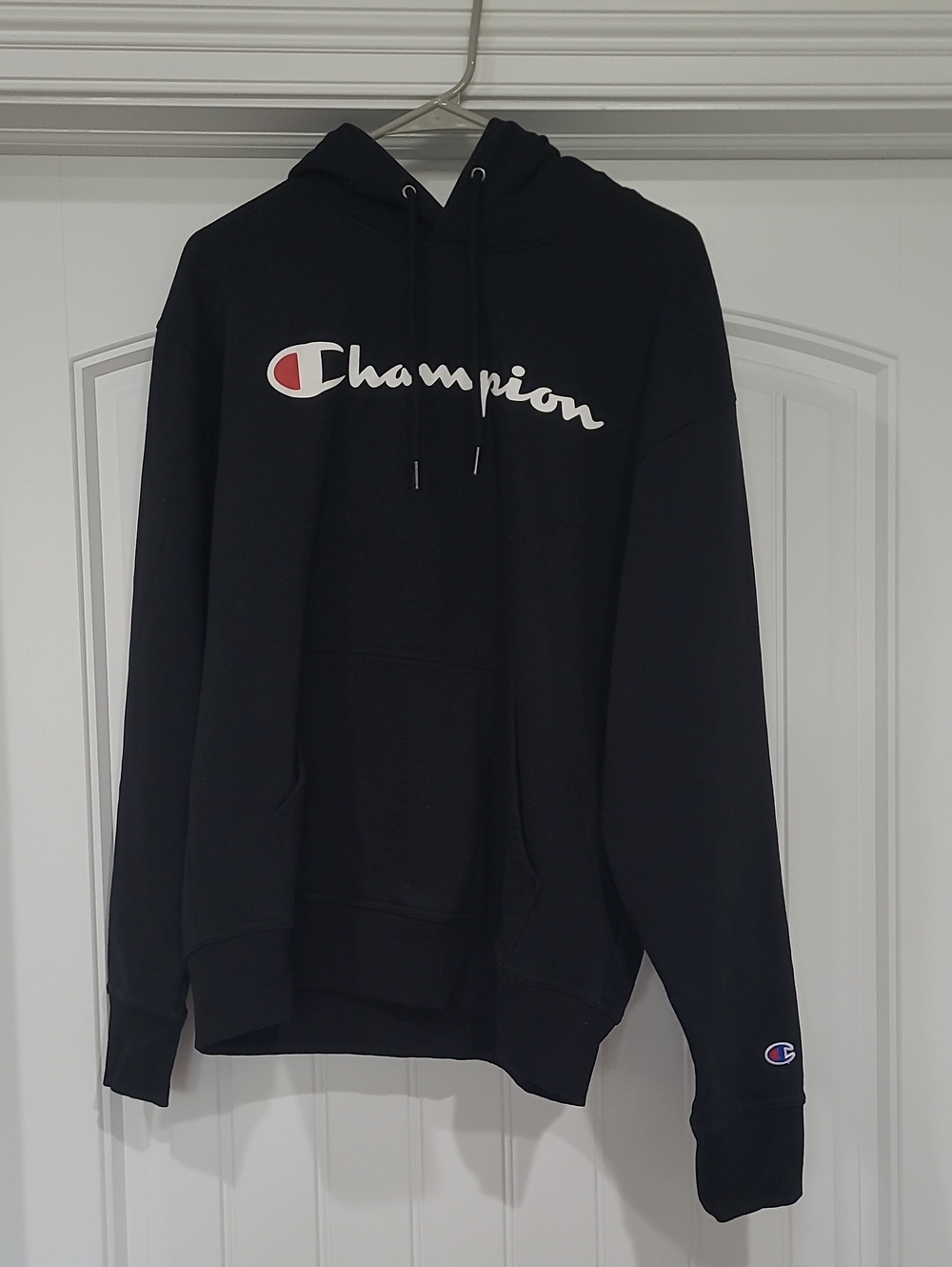 Champion Black Logo Pullover Hoodie with Red Accent